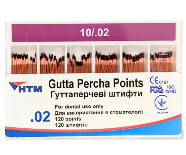 Гутаперчеві штифти 120 штук, 02 конус 10 розмір Spident (Корея)