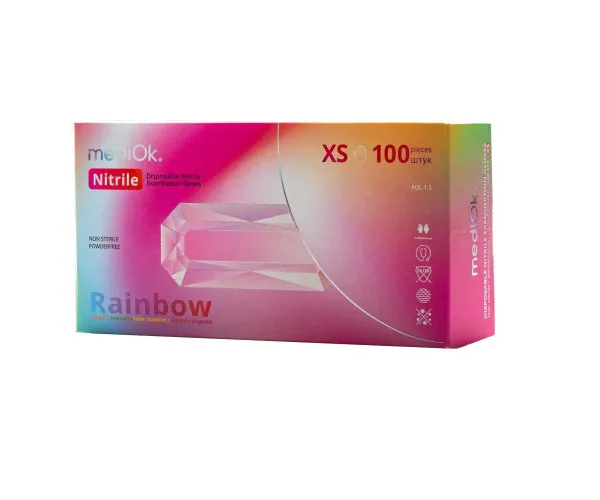 Рукавички нітрилові різнокольорові Rainbow мікс 5 кольорів розмір XS mediok (Малайзія)